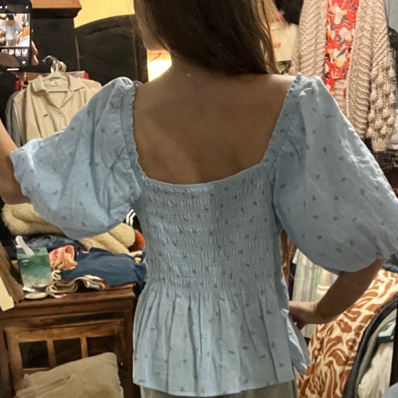 A.N.A. Blue Floral Smocked Puff Sleeve Peplum Blouse - Picture 3 of 6